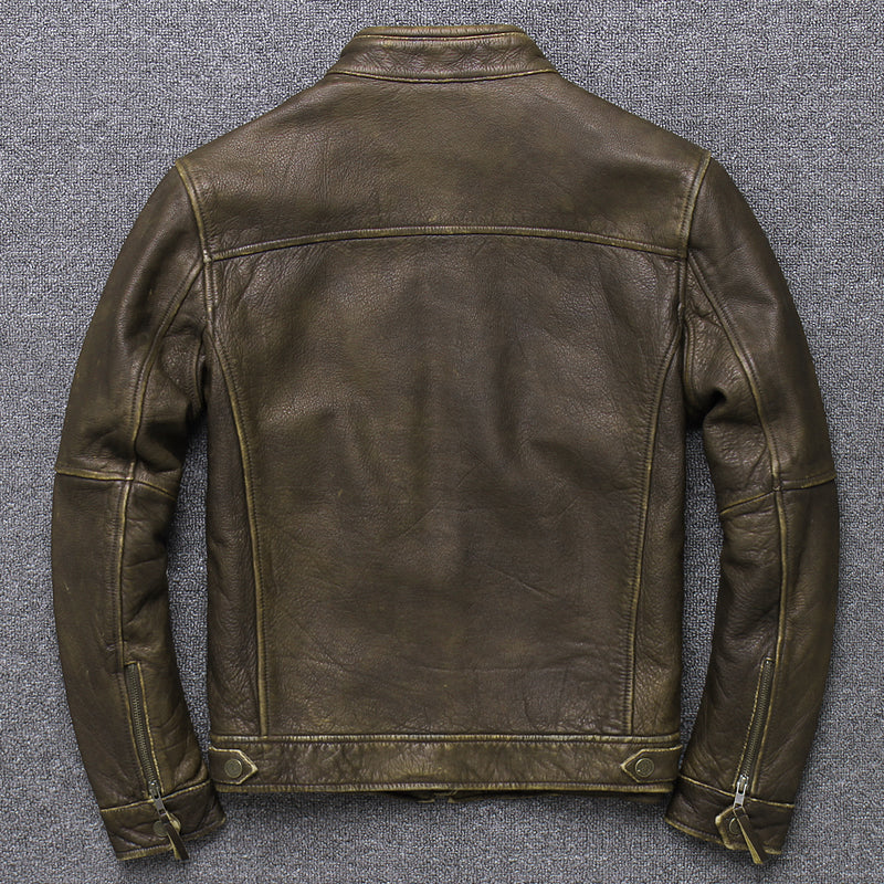 Top Layer Cowhide Leather Men's Stand-up Collar Leather Jacket