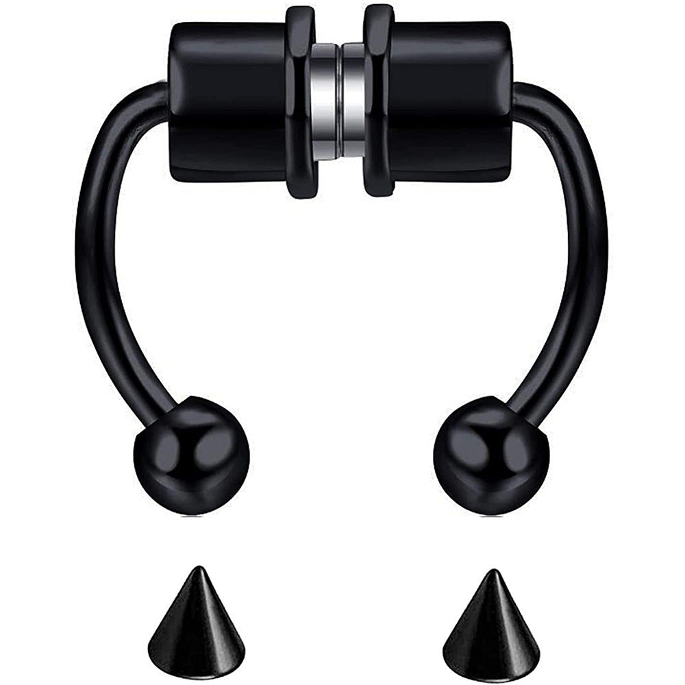 Color: Black - Stainless Steel Magnet False Nose Ring Horseshoe Ring