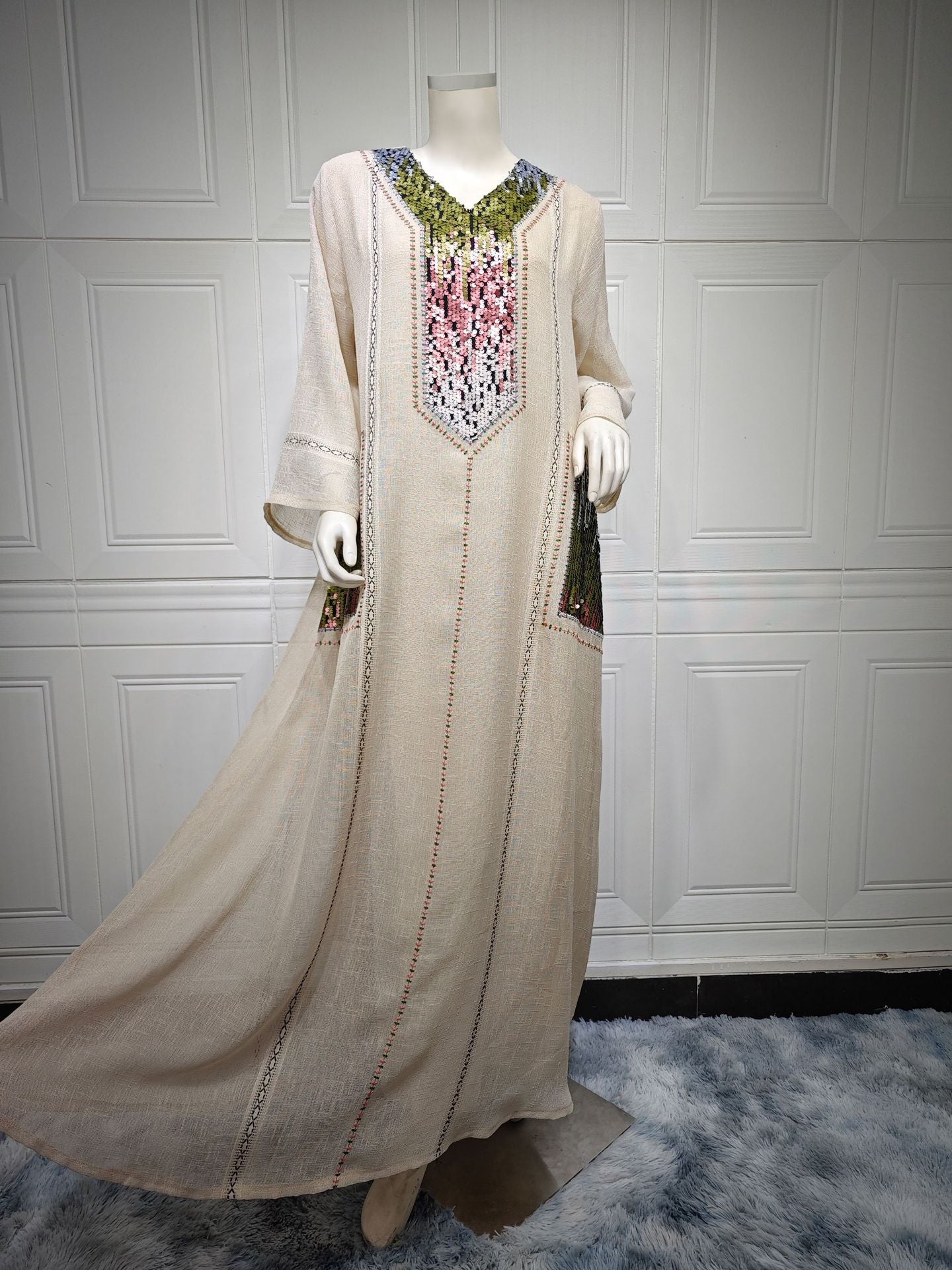 V-neck Sequins Embroidered Women's Clothing Loose Dress