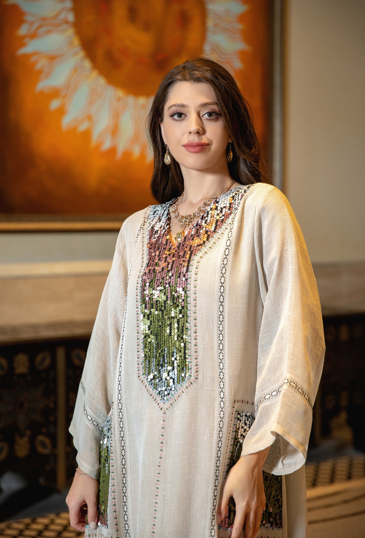 V-neck Sequins Embroidered Women's Clothing Loose Dress