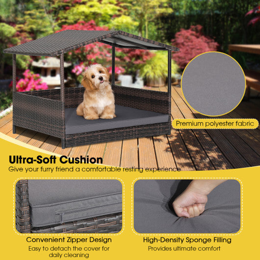 Outdoor Wicker Dog House with Weatherproof Roof-Gray - Color: Gray