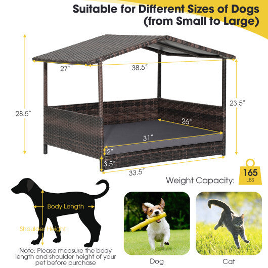 Outdoor Wicker Dog House with Weatherproof Roof-Gray - Color: Gray