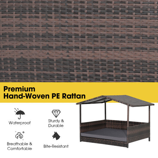 Outdoor Wicker Dog House with Weatherproof Roof-Gray - Color: Gray