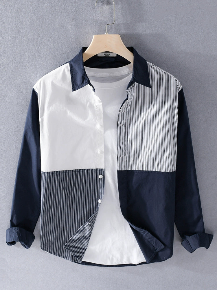 Fashion Long Sleeve Japanese Comfort and Casual Color Matching Cotton Shirt