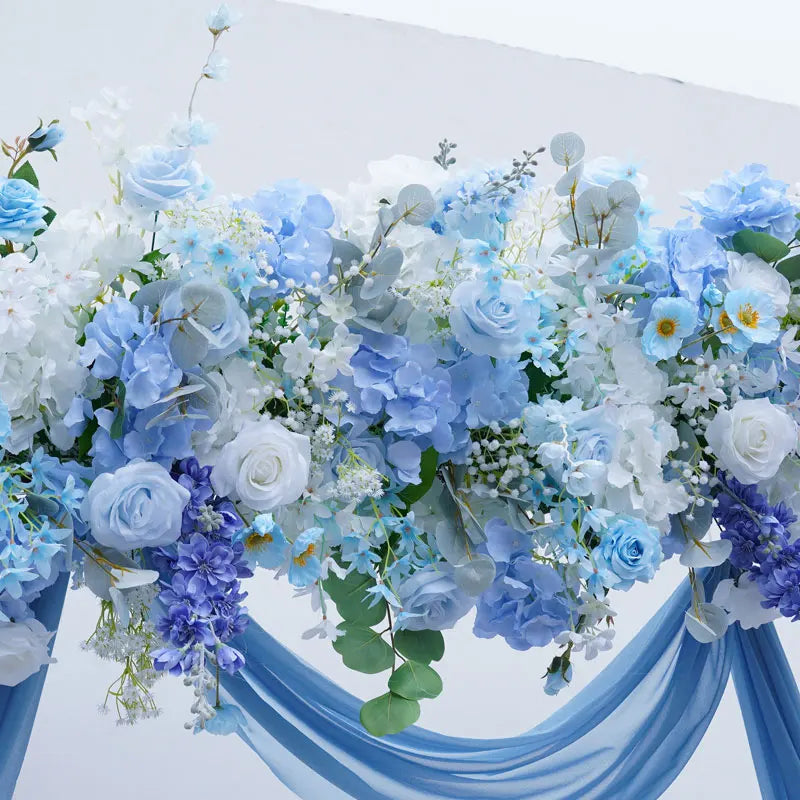 Romantic Blue Wedding Backdrop Arch Decor Rose Babybreath Floral Arrangement Stage Floor Row Curtain Flower Event Supplies A8799