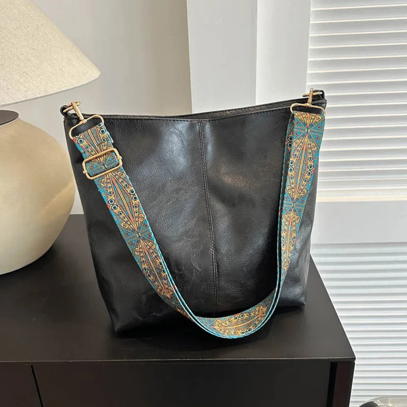 Wide Geometric Strap Shoulder Bag Large Capacity Crossbody Bags For Women,Retro Pu Leather Women's Bag For Shopping & Travel