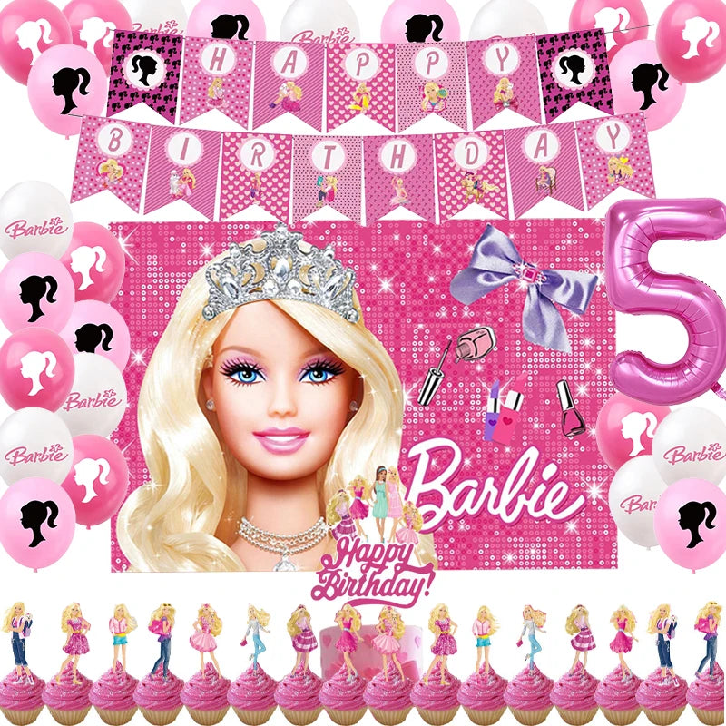 Pink Girl Barbiee Birthday Decoration Party Supplies Balloon Banner Backdrop Tableware Cake Topper Baby Shower