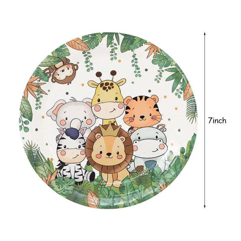 61Pcs Jungle Animal Disposable Tableware Set Paper Plate Cup Napkin Banner Kids Boy Forest Safari Theme Birthday Party Supplies