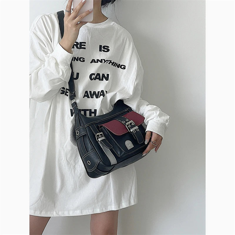 Y2k Hot Girls Retro Shoulder Bags Contrast Color Women's Vintage Messenger Bag New Trendy Cool Ladies PU Tote Purse Handbags