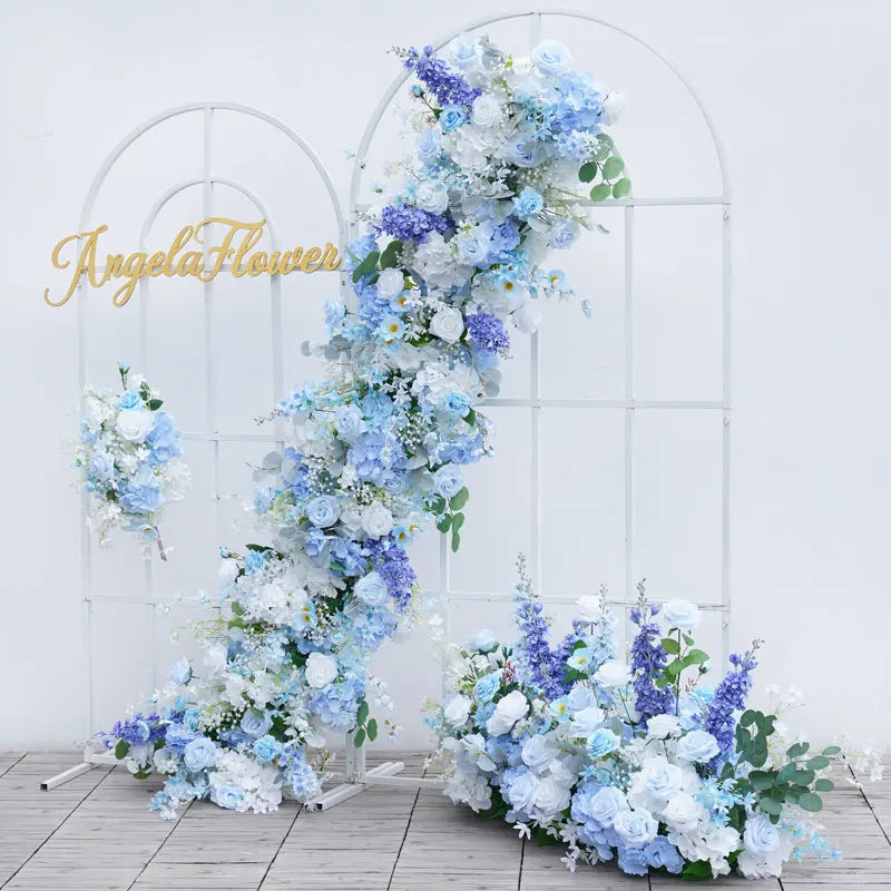 Romantic Blue Wedding Backdrop Arch Decor Rose Babybreath Floral Arrangement Stage Floor Row Curtain Flower Event Supplies A8799