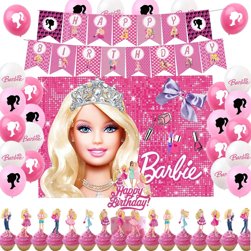 Pink Girl Barbiee Birthday Decoration Party Supplies Balloon Banner Backdrop Tableware Cake Topper Baby Shower