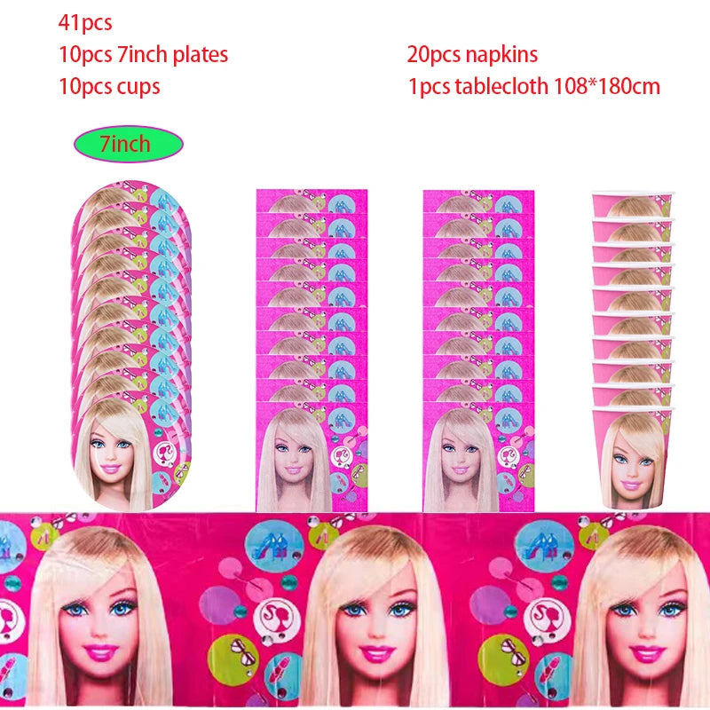 Pink Girl Barbiee Birthday Decoration Party Supplies Balloon Banner Backdrop Tableware Cake Topper Baby Shower
