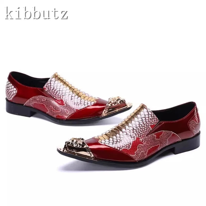 Man Formal Genuine Leather Dress Shoes Luxury Design Metal Pointed Toe Slip On Business Party and Wedding Oxford Shoes