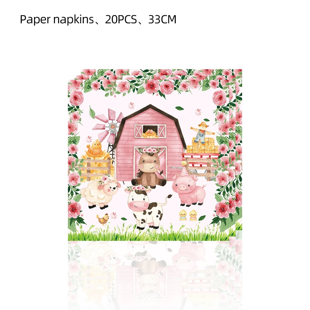 Pink Farm Theme Birthday Decorations Baby Share Disposable Tableware Cartoon Animal Tablecloth Kids Boys Favor Party Supplies