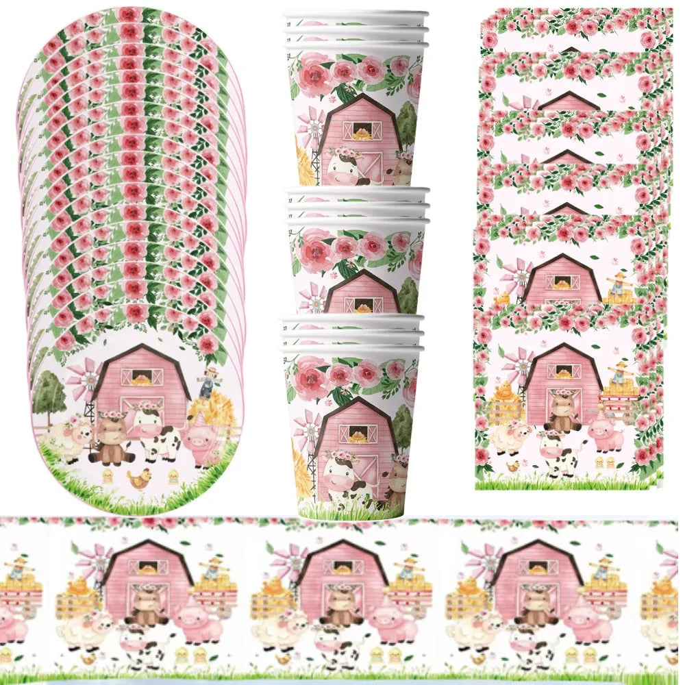 Pink Farm Theme Birthday Decorations Baby Share Disposable Tableware Cartoon Animal Tablecloth Kids Boys Favor Party Supplies