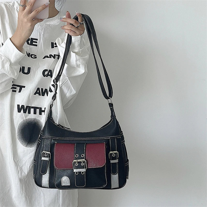 Y2k Hot Girls Retro Shoulder Bags Contrast Color Women's Vintage Messenger Bag New Trendy Cool Ladies PU Tote Purse Handbags