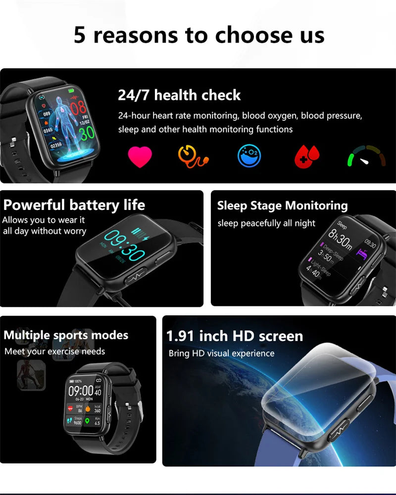 2024 New Blood Sugar Smartwatch Men 1.91 inch 365*400 HD Screen ECG+PPG Smart Watch Monitoring Non-invasive Blood Glucose Watch