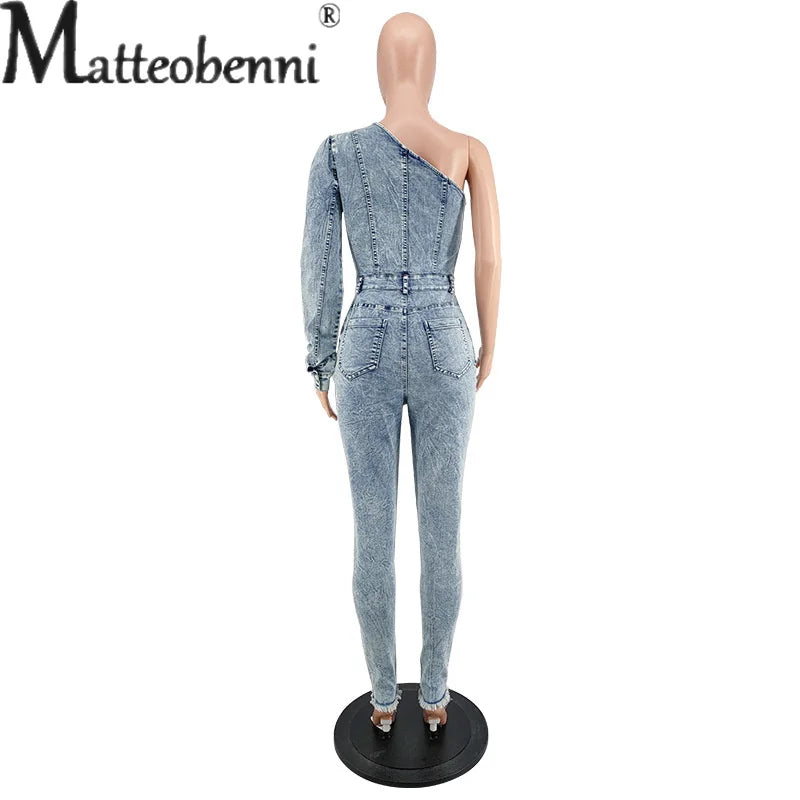 Women's 2023 Autumn Single Sleeved Off Shoulder Slim Fit Jumpsuit Light Blue Jeans Splicing Pocket Casual Denim Clothing Female