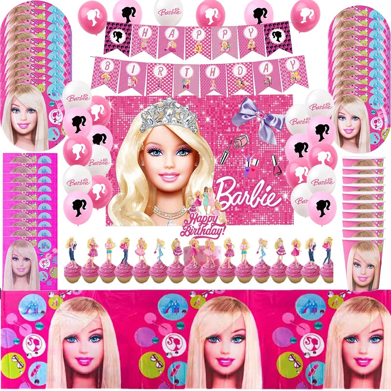 Pink Girl Barbiee Birthday Decoration Party Supplies Balloon Banner Backdrop Tableware Cake Topper Baby Shower