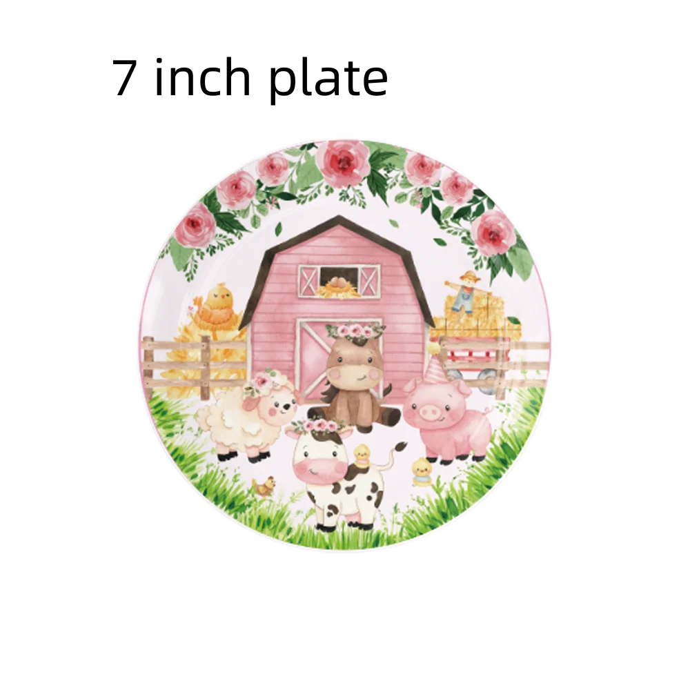 Pink Farm Theme Birthday Decorations Baby Share Disposable Tableware Cartoon Animal Tablecloth Kids Boys Favor Party Supplies