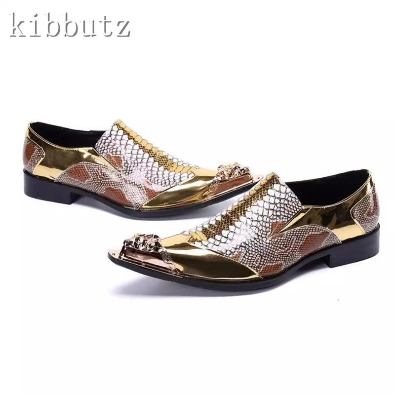 Man Formal Genuine Leather Dress Shoes Luxury Design Metal Pointed Toe Slip On Business Party and Wedding Oxford Shoes