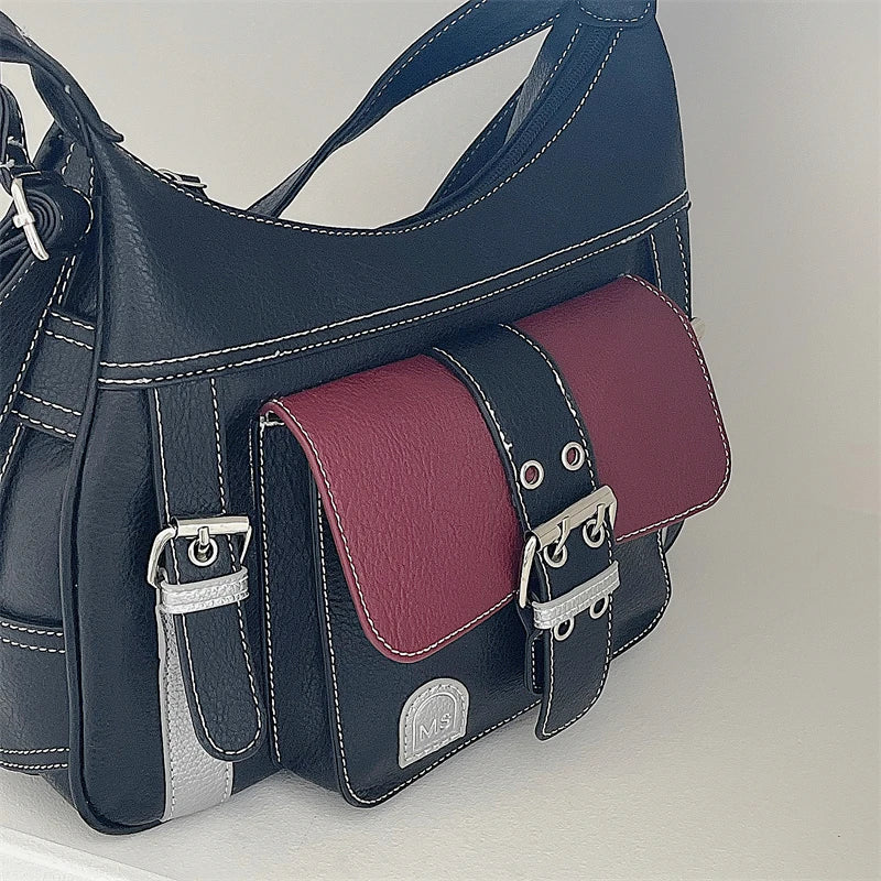 Y2k Hot Girls Retro Shoulder Bags Contrast Color Women's Vintage Messenger Bag New Trendy Cool Ladies PU Tote Purse Handbags