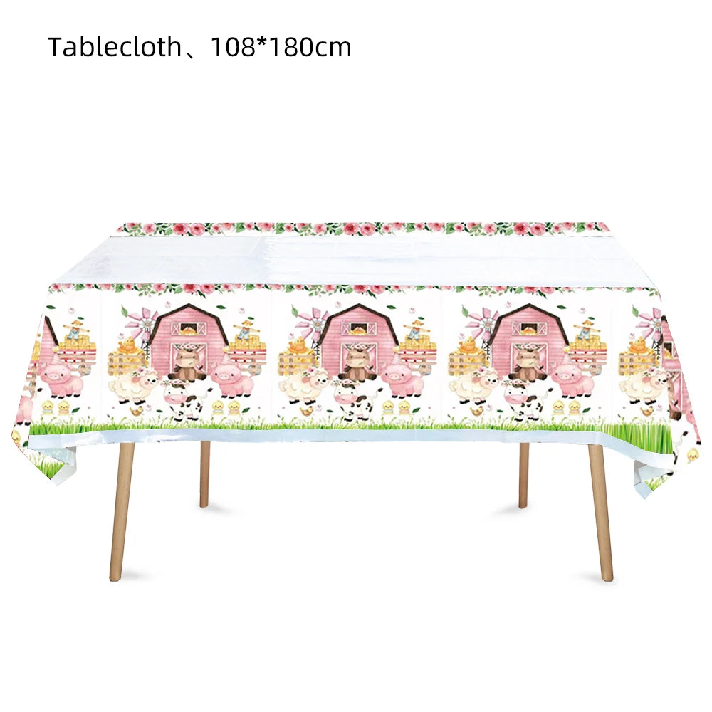 Pink Farm Theme Birthday Decorations Baby Share Disposable Tableware Cartoon Animal Tablecloth Kids Boys Favor Party Supplies