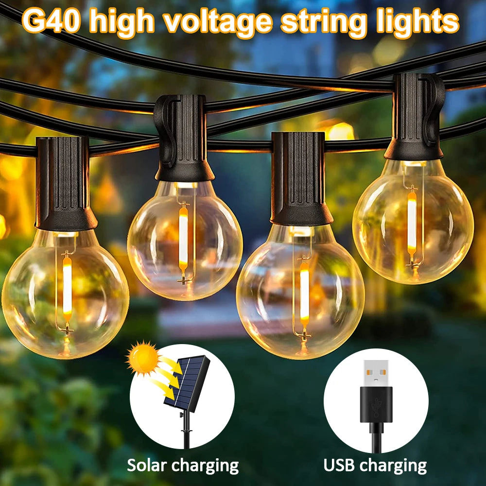 12M 30 LEDS  G40 Solar String Lights Outdoor Patio Lights Solar & USB Powered Waterproof Globe Hanging Lights with Shatterproof