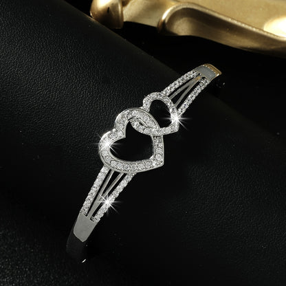 Romantic Cuff Bangle Bracelet Double Hollow Heart Shape With Full Of Shiny Zircon Bangle Bracelet For Women & Girls Valentine's Day Present