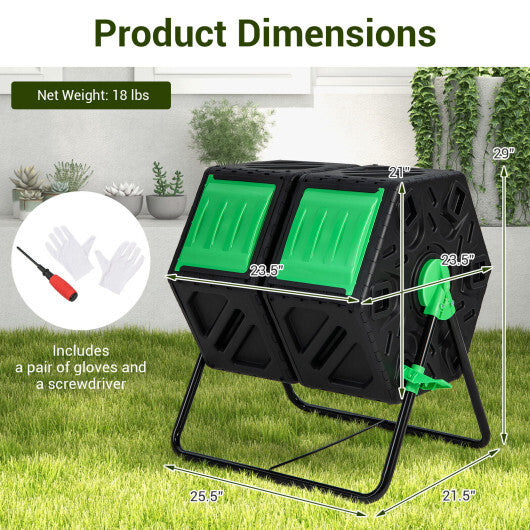 Dual Chamber Garden Compost Tumbler with Sliding Doors-Black & Green