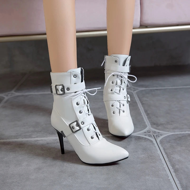 Autumn Winter 2024 Mid-Calf Boots Women Pointed Toe Super High and Thin Heel Shoes Buckle Cross-Tied Decorate Size 3~19 Footwear