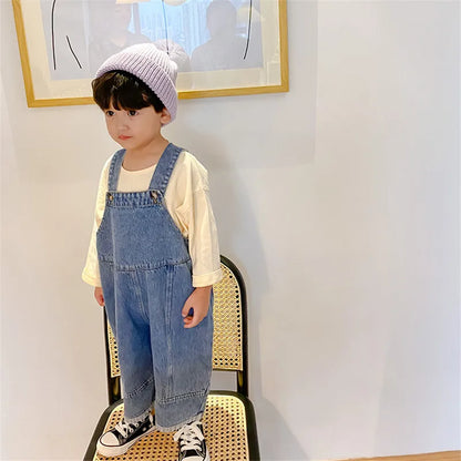 2024 New Children Loose Overalls boys girls casual all-match denim Trousers Autumn Fall Solid Outwear 1-7Y Kids bib pants