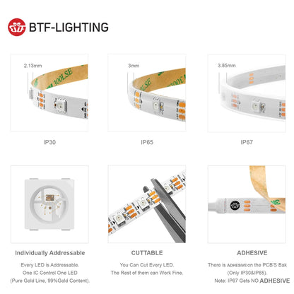 WS2812B Led Lights DC5V WS2812 RGB Led Strip Light Individually Addressable Smart Pixels Magic Light Black White PCB IP30 65 67