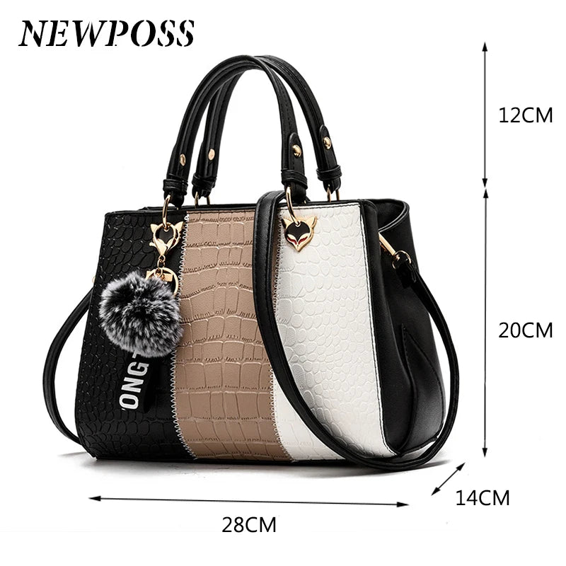 Newposs Women's Handbags Leather Stitching Wild Bags for Women 2022 Casual Tote Ladies Bags Bolsos Fur Women Messenger Bags