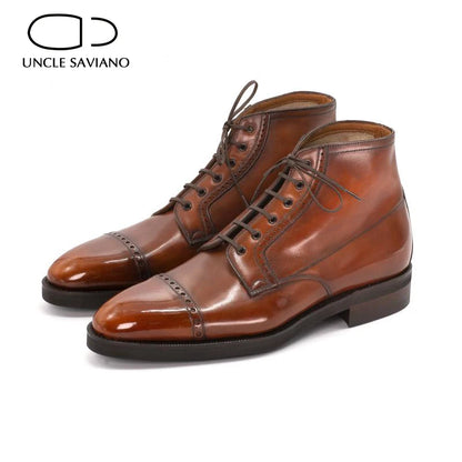 Uncle Saviano Brogue Winter Lace Up Mens Boots Shoes Non-Slip Add Velvet Genuine Leather Work Boots Fashion Designer Shoes Men