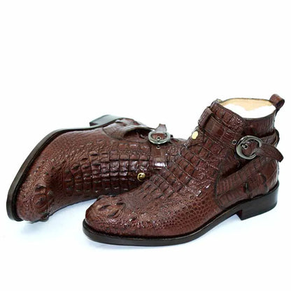 Sipriks Mens Buckle Strap Shoes Dark Brown Crocodile Leather Boots Italian Designer Genuine Leather Sole Ankle Boots Cowboy Male