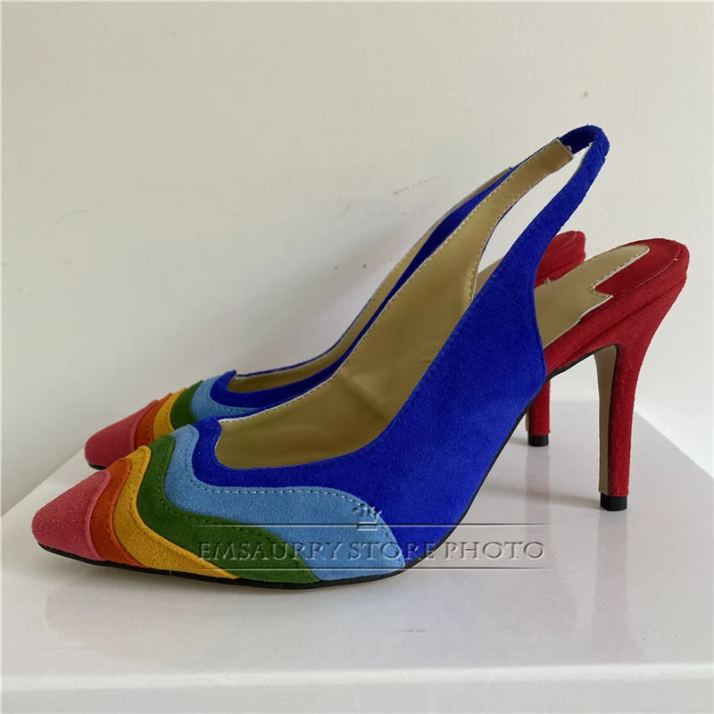 2024 Colorful Sandals Women Peep Toe Sexy Slim Shallow Party Shoes Chunky Square High Heel Walking Footwear Rainbow Sandalias