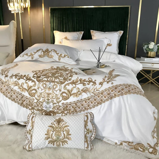 Luxury White Bedding Set, 60S Satin Cotton, Royal Gold Embroidery, Soft, Duvet Cover Set, Bed Sheet, Pillowcases, 4 Pcs, 5Pcs