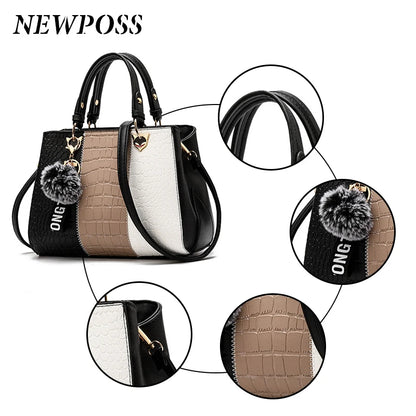 Newposs Women's Handbags Leather Stitching Wild Bags for Women 2022 Casual Tote Ladies Bags Bolsos Fur Women Messenger Bags