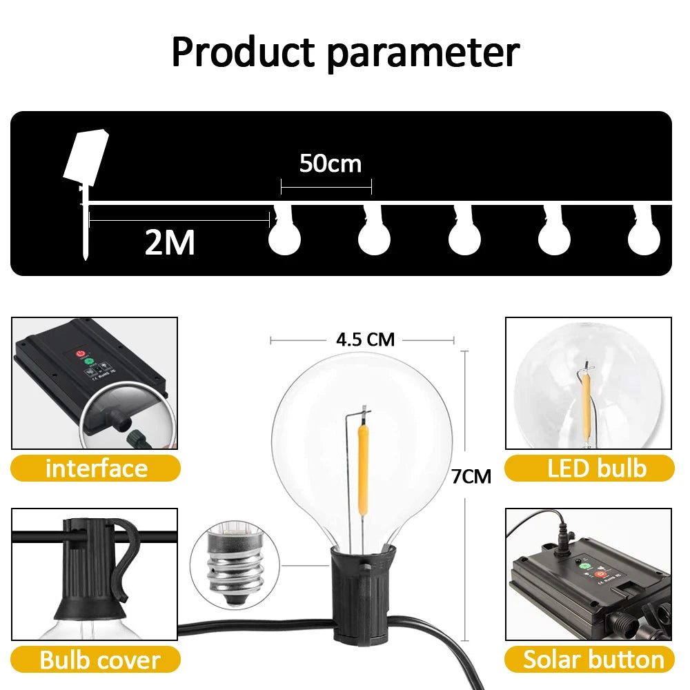 12M 30 LEDS  G40 Solar String Lights Outdoor Patio Lights Solar & USB Powered Waterproof Globe Hanging Lights with Shatterproof