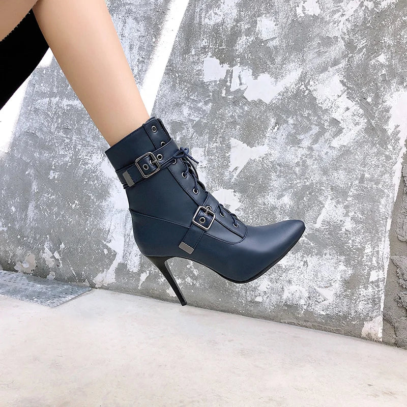 Autumn Winter 2024 Mid-Calf Boots Women Pointed Toe Super High and Thin Heel Shoes Buckle Cross-Tied Decorate Size 3~19 Footwear