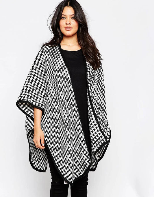 Plus Size Casual Houndstooth Trench Coat Long Bat Sleeve Open Front Female Loose Autumn Winter Woolen Kimono Cardigan 5XL 6XL