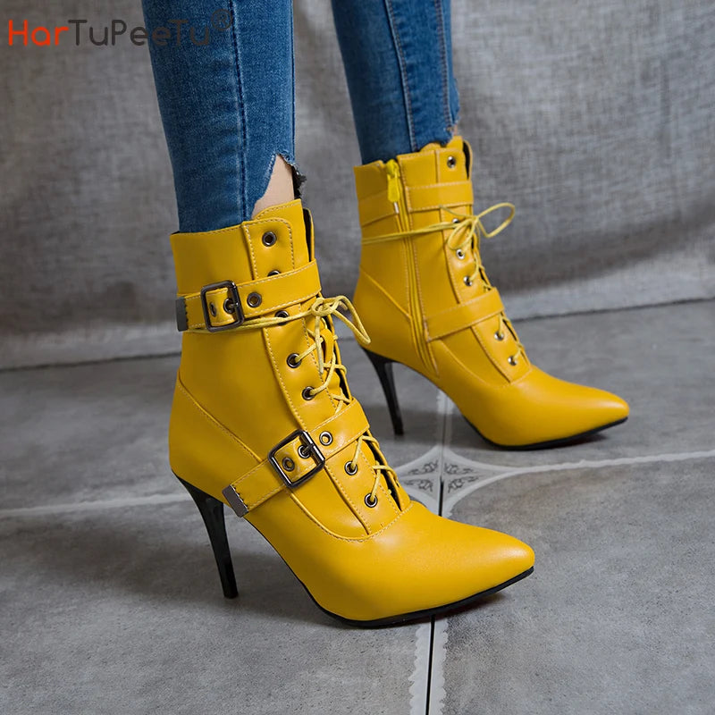 Autumn Winter 2024 Mid-Calf Boots Women Pointed Toe Super High and Thin Heel Shoes Buckle Cross-Tied Decorate Size 3~19 Footwear