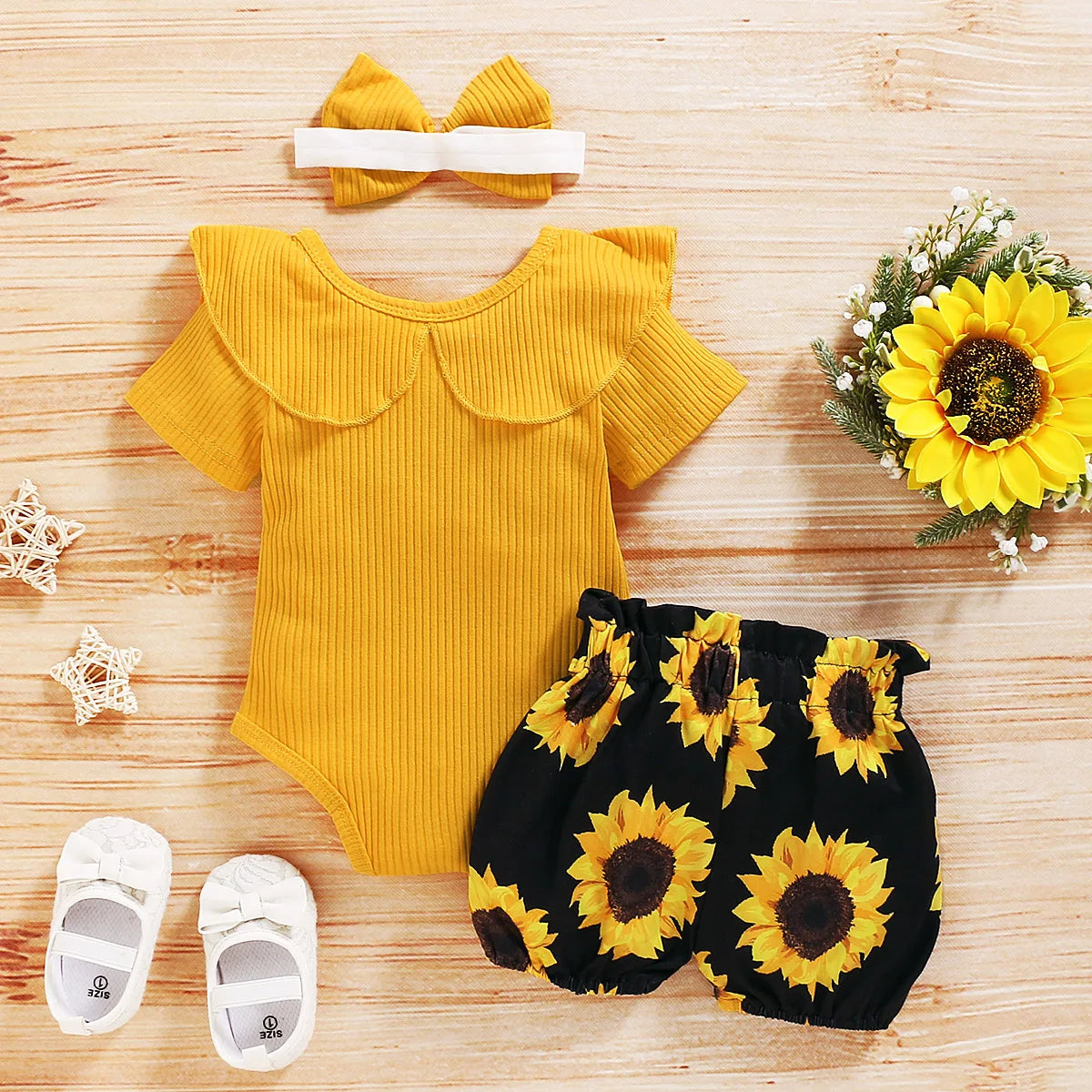 2020 Baby Summer Clothing Newborn Baby Girl Floral Clothes Short Sleeve Romper Jumpsuit+Sunflower Tutu Shorts 3Pcs Outfits Set.