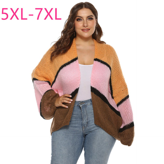 New 2024 Spring Autumn Winter Plus Size Sweater For Women Large Long Sleeve Loose Stripe Knit Cardigan Coat 5XL 6XL 7XL