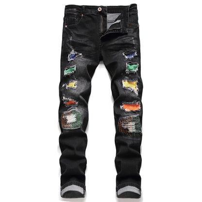 Dropshipping Fashion New Biker Jeans Men's Distressed Stretch Ripped  Hip Hop Slim Fit Holes Punk Denim Cotton Pants