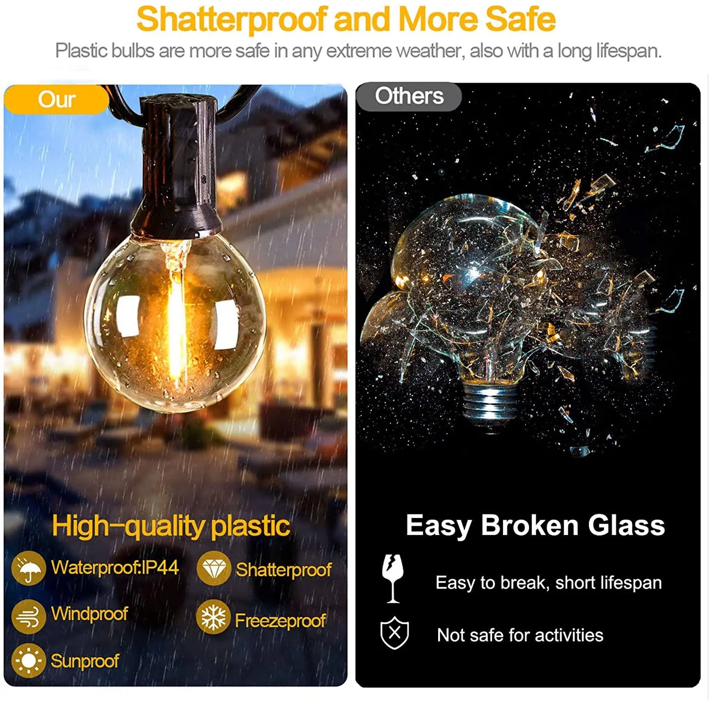 12M 30 LEDS  G40 Solar String Lights Outdoor Patio Lights Solar & USB Powered Waterproof Globe Hanging Lights with Shatterproof