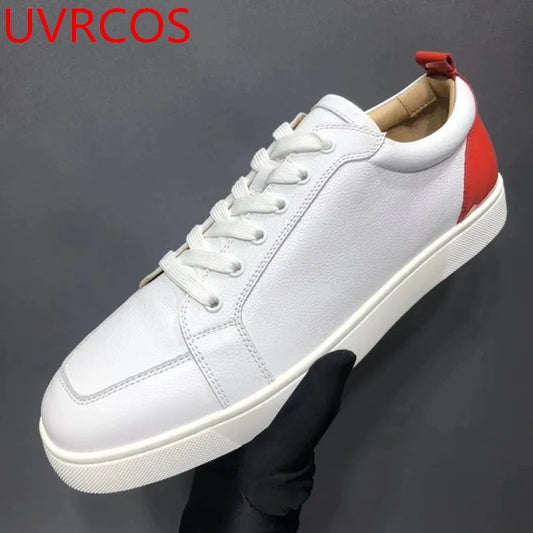 Mens Casual Shoes White Red Color Round Toe Low Top Sneakers Leather Brand Men Lace-Up Flats Shoes Loafers Male Trainers