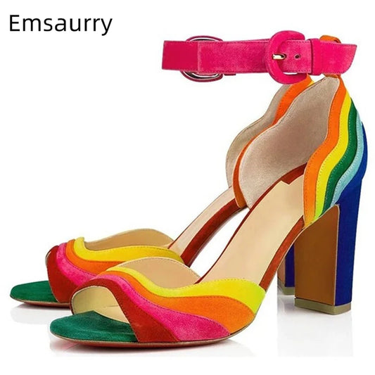 2024 Colorful Sandals Women Peep Toe Sexy Slim Shallow Party Shoes Chunky Square High Heel Walking Footwear Rainbow Sandalias