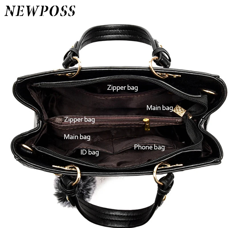 Newposs Women's Handbags Leather Stitching Wild Bags for Women 2022 Casual Tote Ladies Bags Bolsos Fur Women Messenger Bags